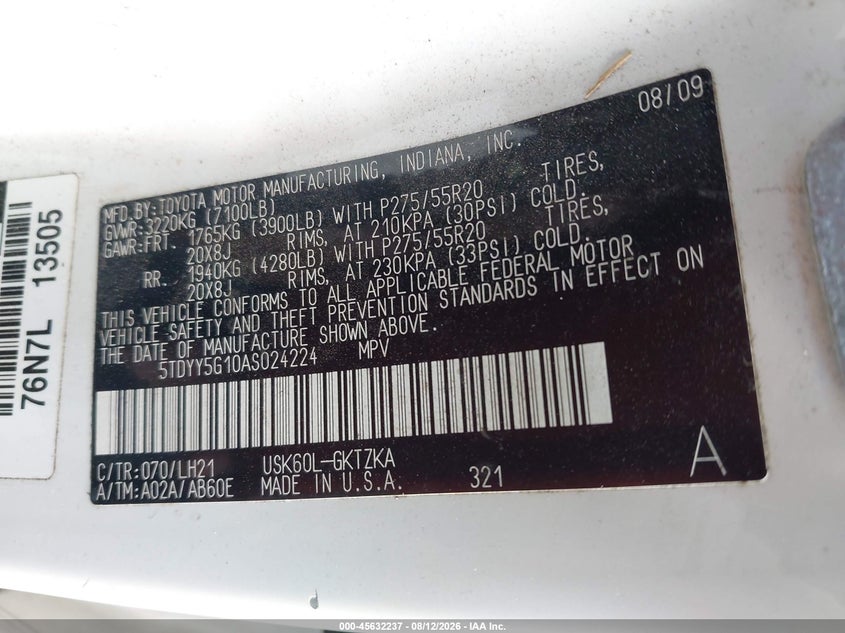 TOYOTA SEQUOIA 2010 VIN 5TDYY5G10AS024224