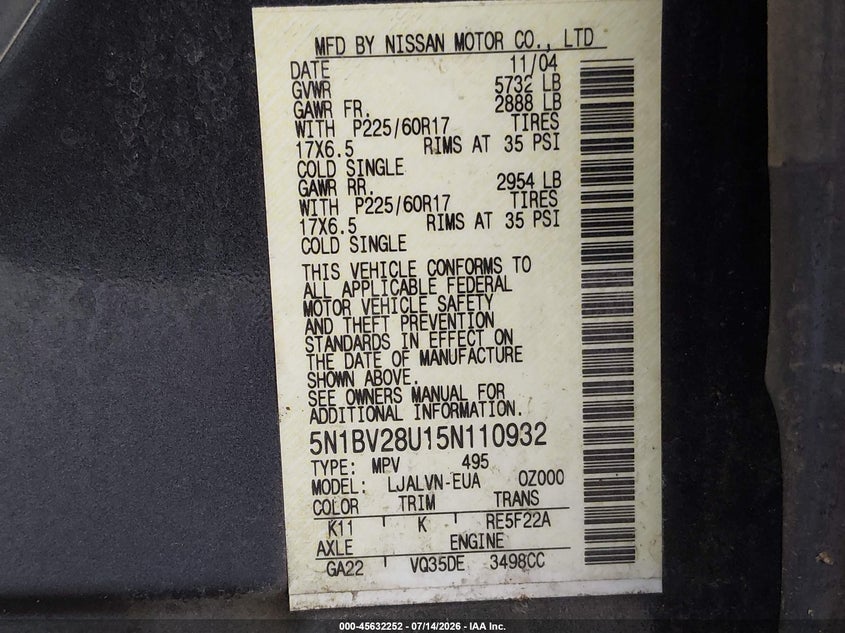 2005 Nissan Quest 3.5 Se VIN: 5N1BV28U15N110932 Lot: 45632252