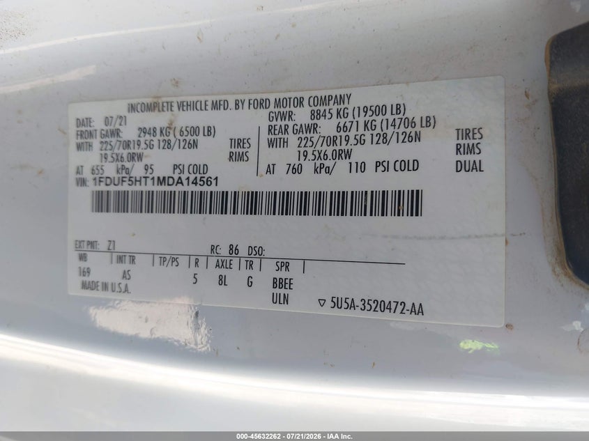 2021 Ford F-550 Chassis Xl VIN: 1FDUF5HT1MDA14561 Lot: 45632262