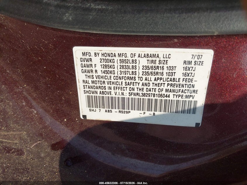 2007 Honda Odyssey Lx VIN: 5FNRL38297B106044 Lot: 45632306