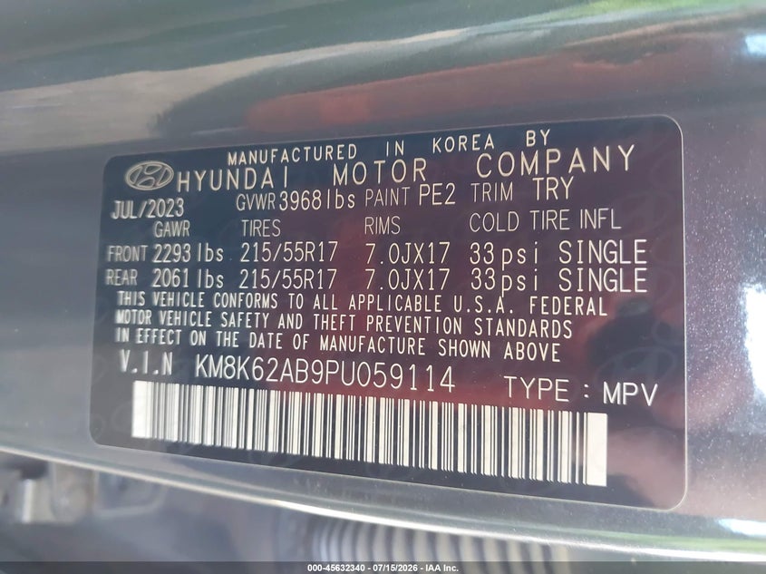 2023 Hyundai Kona Sel VIN: KM8K62AB9PU059114 Lot: 45632340