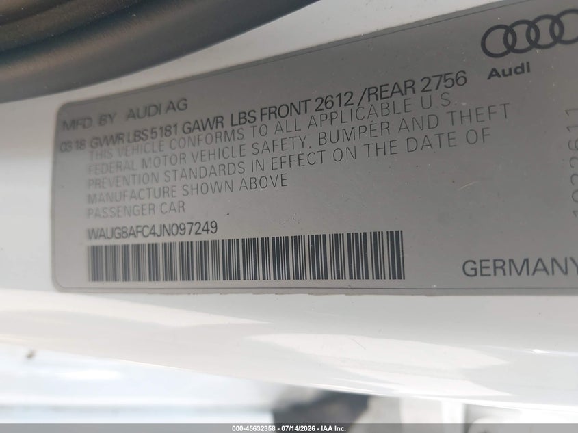 2018 Audi A6 2.0T Premium Plus VIN: WAUG8AFC4JN097249 Lot: 45632358