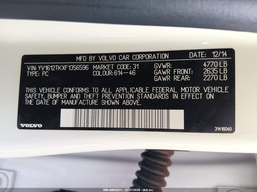 2015 Volvo S60 T5 Premier VIN: YV1612TKXF1356596 Lot: 45632411