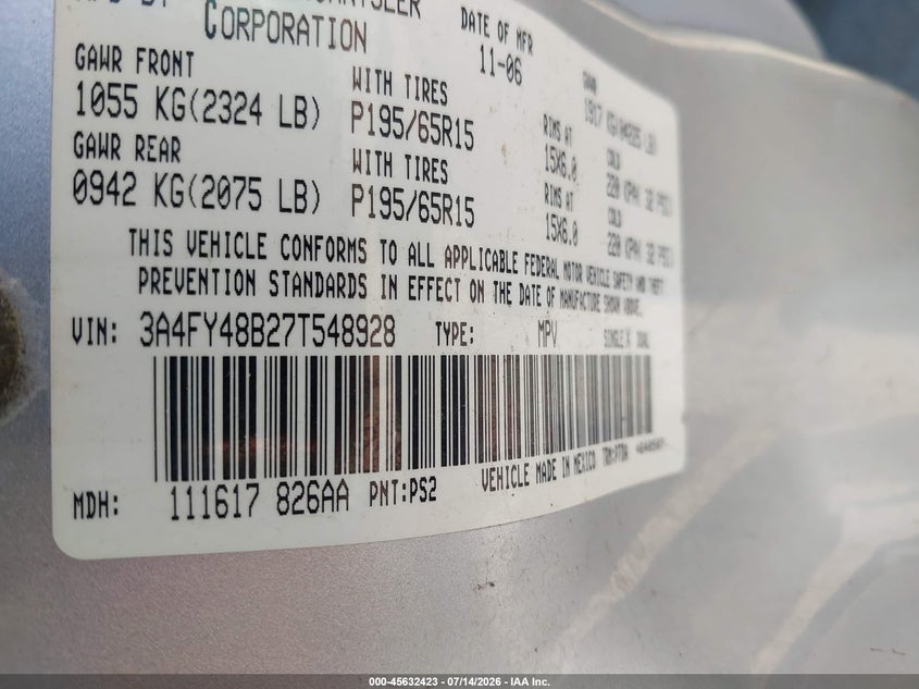 2007 Chrysler Pt Cruiser VIN: 3A4FY48B27T548928 Lot: 45632423