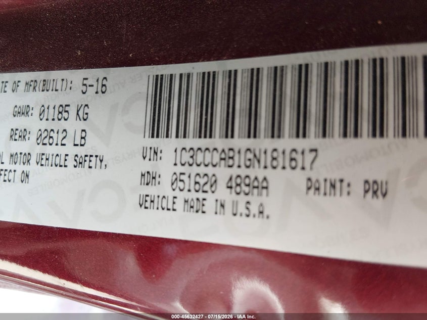 2016 Chrysler 200 Limited VIN: 1C3CCCAB1GN181617 Lot: 45632427
