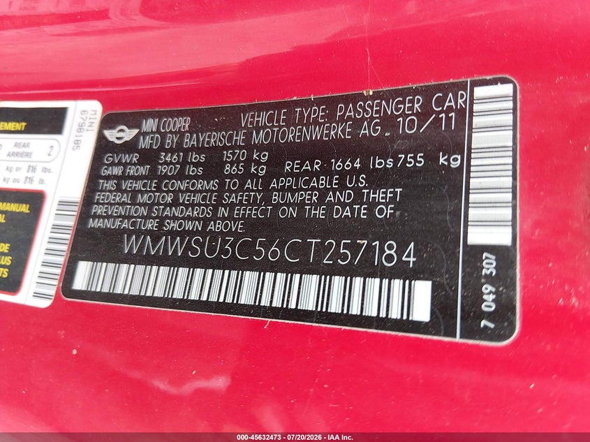 2012 Mini Cooper VIN: WMWSU3C56CT257184 Lot: 45632473