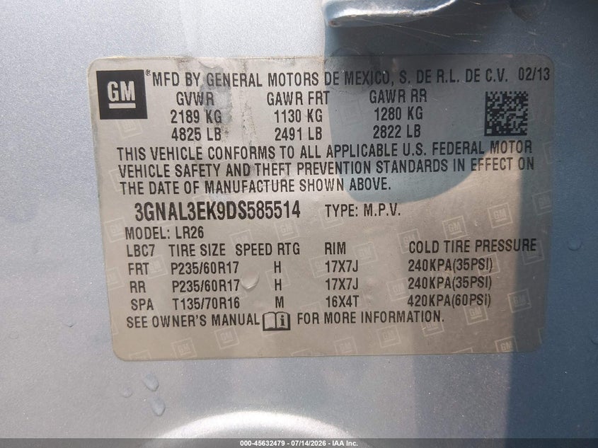 2013 Chevrolet Captiva Sport Fleet Lt VIN: 3GNAL3EK9DS585514 Lot: 45632479