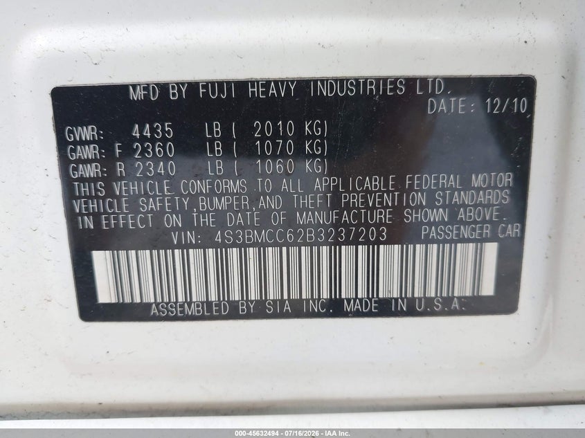 2011 Subaru Legacy 2.5I Premium VIN: 4S3BMCC62B3237203 Lot: 45632494