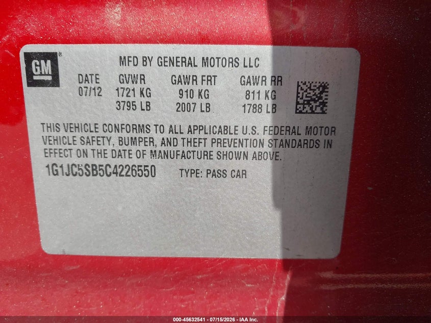 2012 Chevrolet Sonic 2Lt VIN: 1G1JC5SB5C4226550 Lot: 45632541