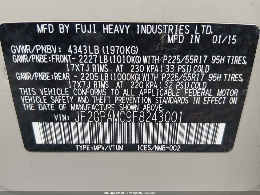 2015 Subaru Xv Crosstrek 2.0I Limited VIN: JF2GPAMC9F8243001 Lot: 45632559