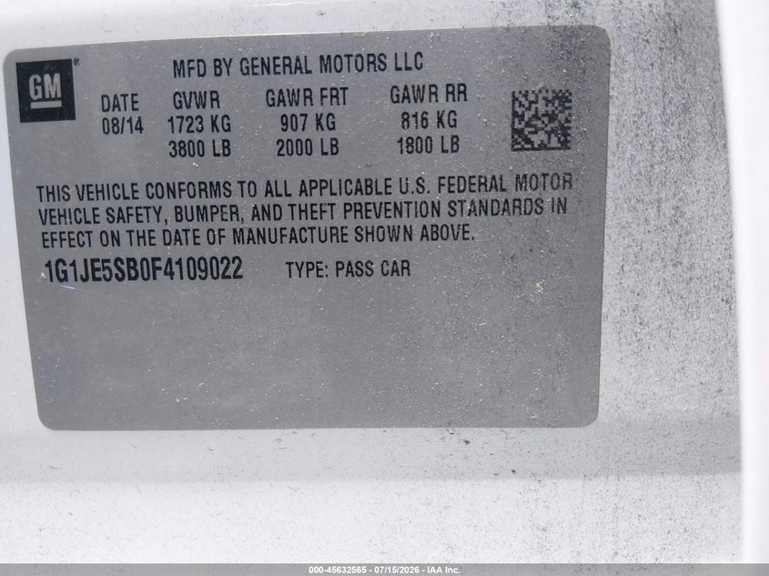 2015 Chevrolet Sonic Ltz Auto VIN: 1G1JE5SB0F4109022 Lot: 45632565