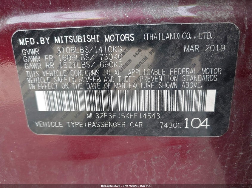2019 Mitsubishi Mirage G4 Es VIN: ML32F3FJ5KHF14543 Lot: 45632572