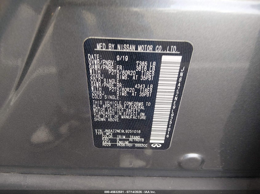 2020 Infiniti Qx80 Luxe Awd VIN: JN8AZ2NE9L9251016 Lot: 45632581