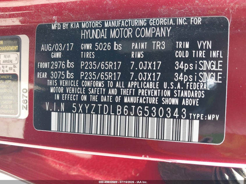 2018 Hyundai Santa Fe Sport 2.4L VIN: 5XYZTDLB6JG530343 Lot: 45632589