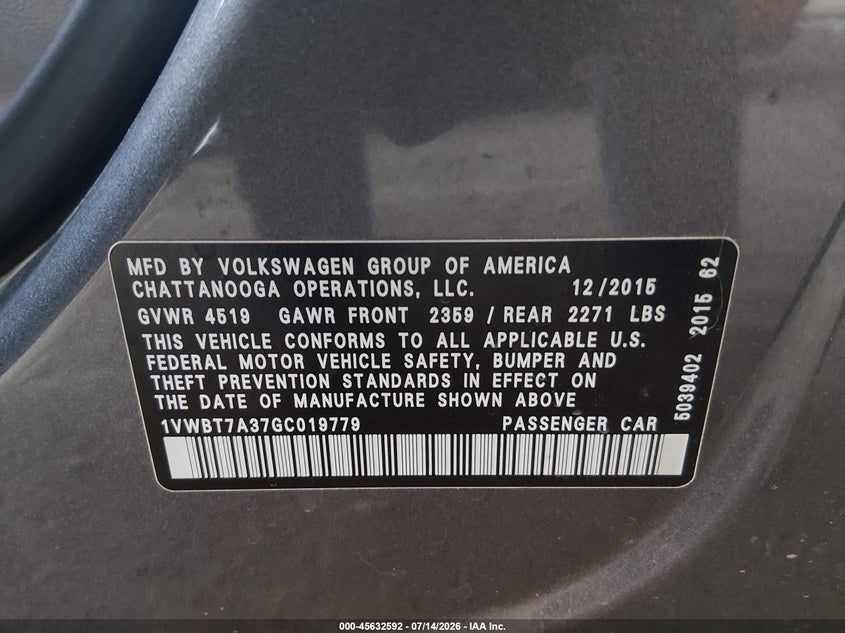 2016 Volkswagen Passat 1.8T Se VIN: 1VWBT7A37GC019779 Lot: 45632592
