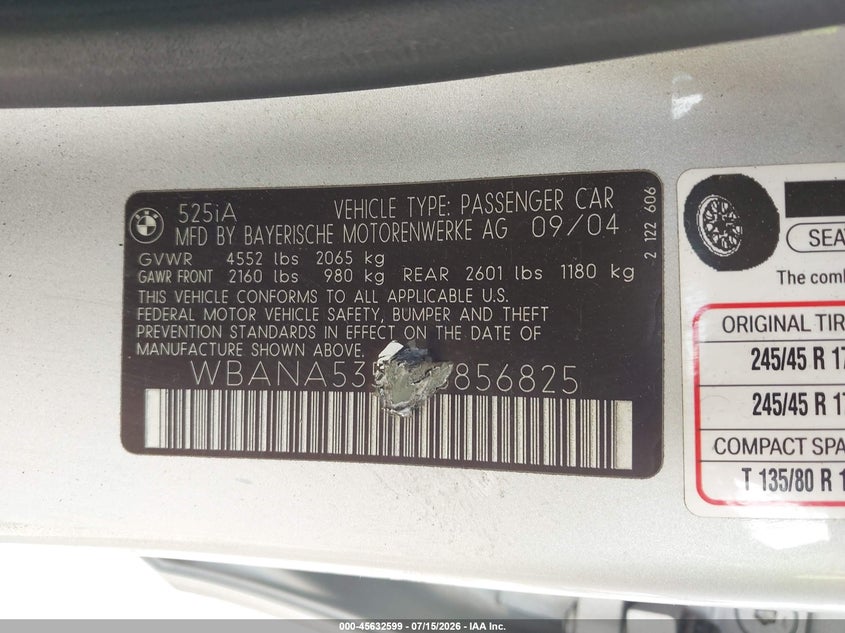 2005 BMW 525I VIN: WBANA53585B856825 Lot: 45632599
