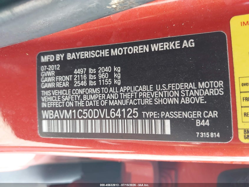 2013 BMW X1 Sdrive28I VIN: WBAVM1C50DVL64125 Lot: 45632613