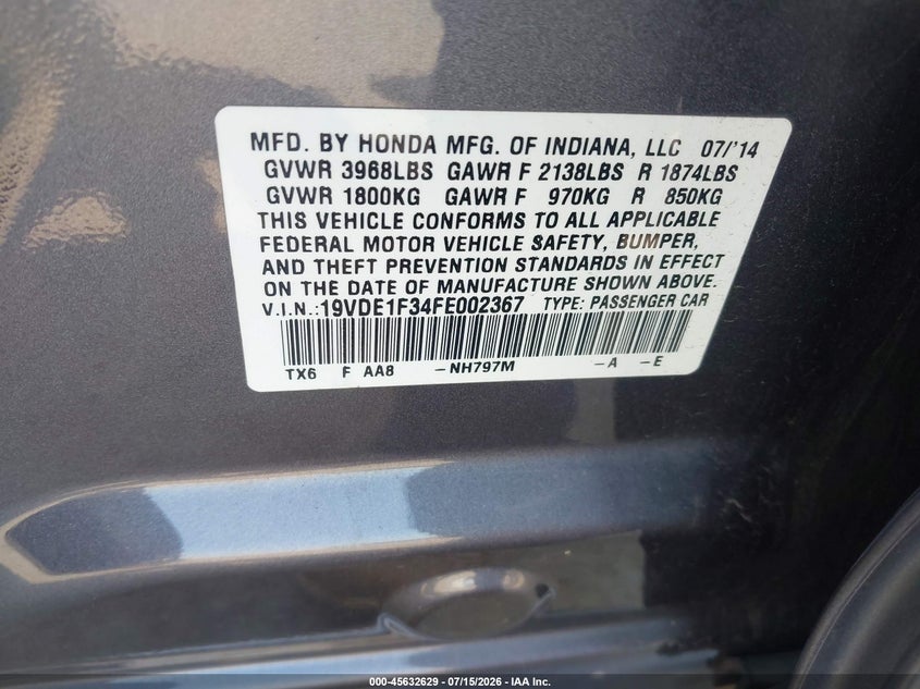 2015 Acura Ilx 2.0L VIN: 19VDE1F34FE002367 Lot: 45632629