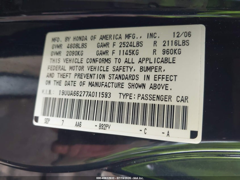2007 Acura Tl 3.2 VIN: 19UUA66277A011593 Lot: 45632633