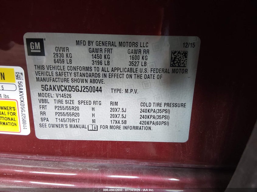 2016 Buick Enclave Premium VIN: 5GAKVCKD5GJ250044 Lot: 45632650