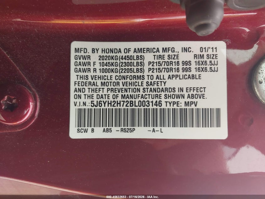 2011 Honda Element Ex VIN: 5J6YH2H72BL003146 Lot: 45632653