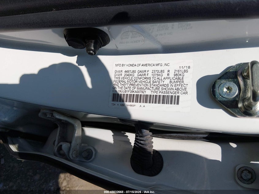 2019 Acura Tlx Standard VIN: 19UUB1F39KA007921 Lot: 45632668