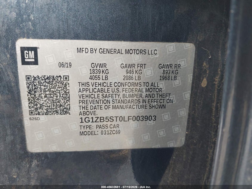 2020 Chevrolet Malibu Fwd Ls VIN: 1G1ZB5ST0LF003903 Lot: 45632681