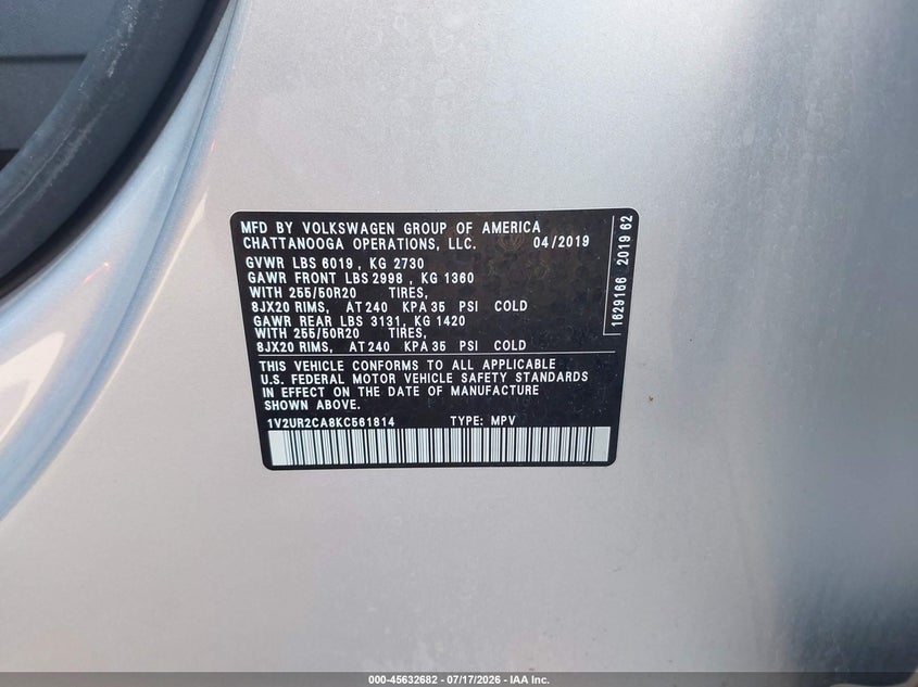 2019 Volkswagen Atlas 3.6L V6 Se W/Technology VIN: 1V2UR2CA8KC561814 Lot: 45632682