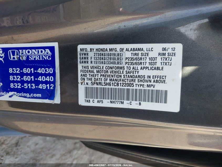 2012 Honda Odyssey Ex-L VIN: 5FNRL5H61CB122005 Lot: 45632687