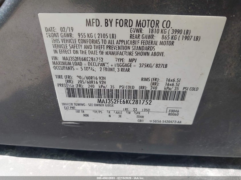 2019 Ford Ecosport S VIN: MAJ3S2FE6KC281752 Lot: 45632693