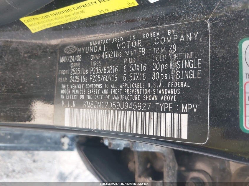HYUNDAI TUCSON 2009 VIN KM8JN12D59U945927