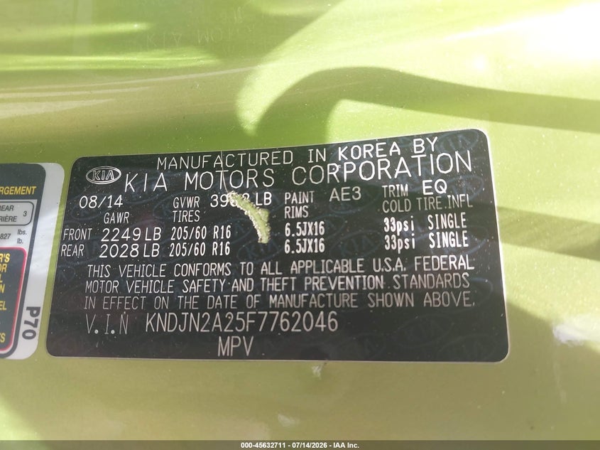 2015 Kia Soul VIN: KNDJN2A25F7762046 Lot: 45632711