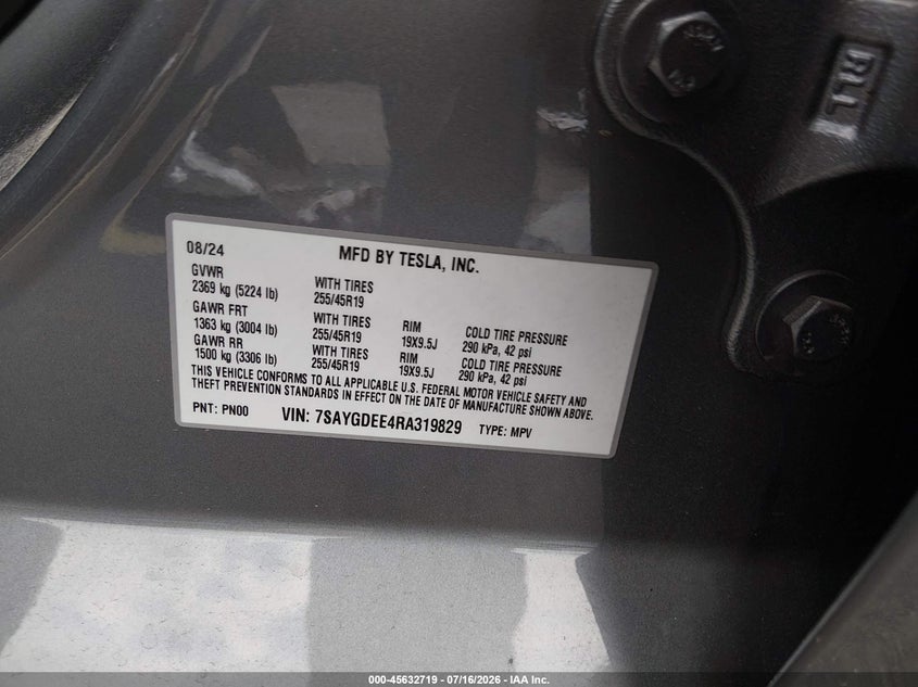 2024 Tesla Model Y Long Range Dual Motor All-Wheel Drive VIN: 7SAYGDEE4RA319829 Lot: 45632719