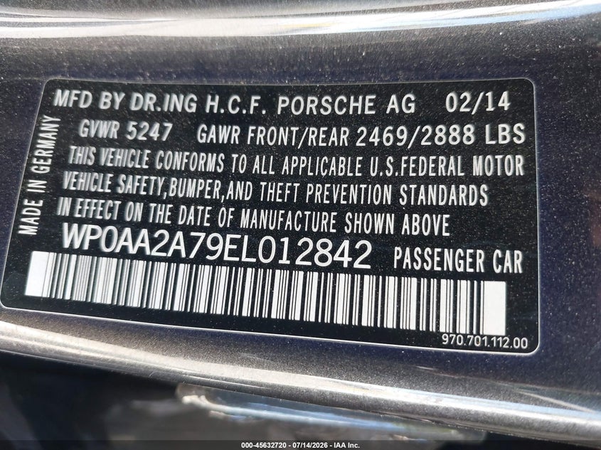 2014 Porsche Panamera 4 VIN: WP0AA2A79EL012842 Lot: 45632720