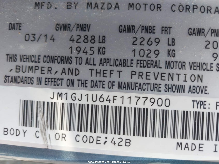 2015 Mazda Mazda6 I Sport VIN: JM1GJ1U64F1177900 Lot: 45632729