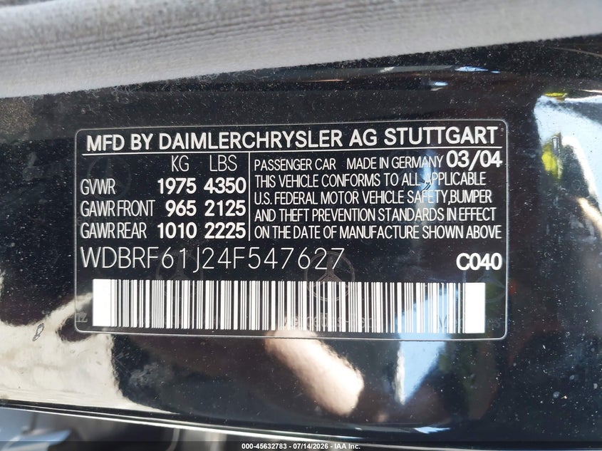 2004 Mercedes-Benz C 240 VIN: WDBRF61J24F547627 Lot: 45632783