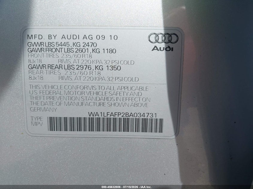 2011 Audi Q5 2.0T Premium VIN: WA1LFAFP2BA034731 Lot: 45632806