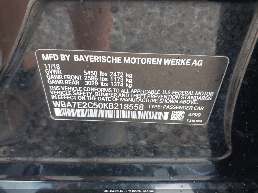 2019 BMW 740I VIN: WBA7E2C50KB218558 Lot: 45632815