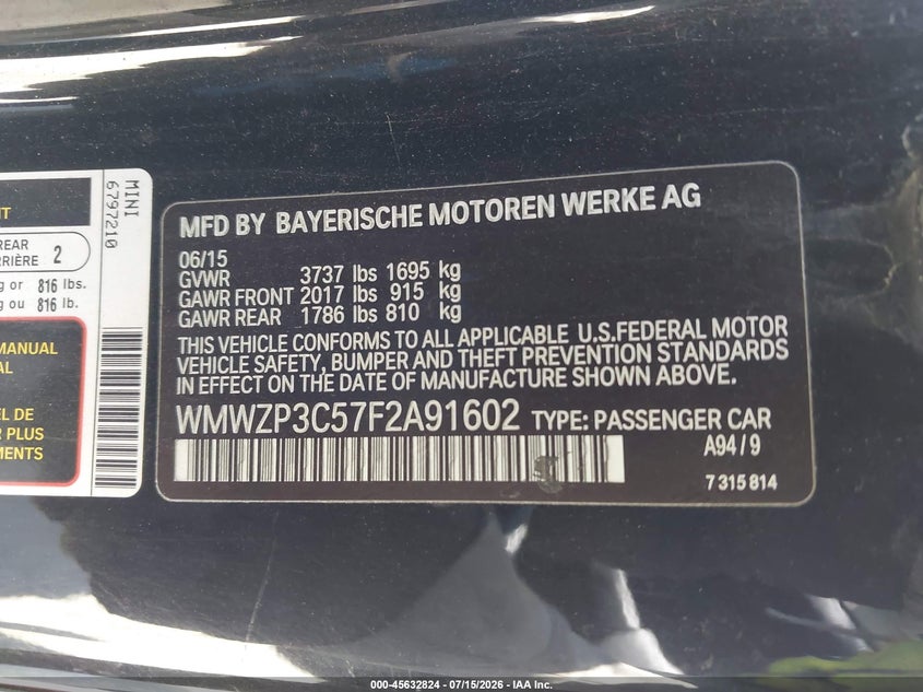 2015 Mini Convertible Cooper S VIN: WMWZP3C57F2A91602 Lot: 45632824