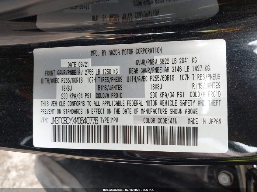 2021 Mazda Cx-9 Touring VIN: JM3TCBCYXM0540776 Lot: 45632836