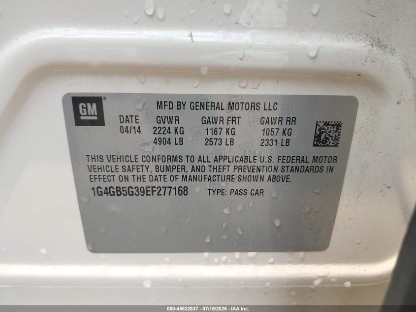 2014 Buick Lacrosse Leather Group VIN: 1G4GB5G39EF277168 Lot: 45632837