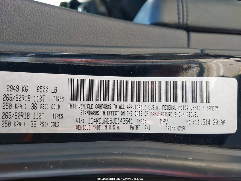 2018 Dodge Durango Sxt Awd VIN: 1C4RDJAG5JC143541 Lot: 45632843
