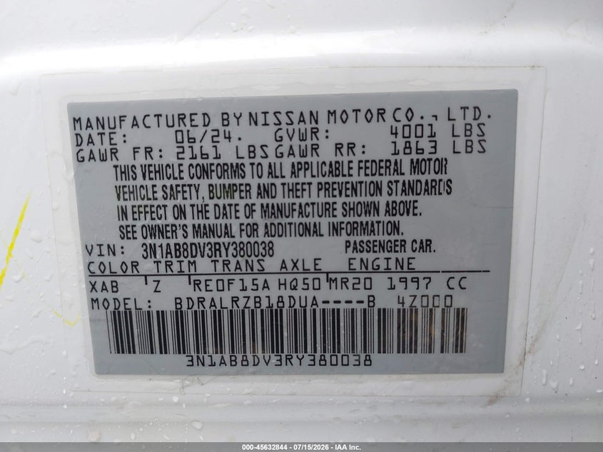 2024 Nissan Sentra Sr Xtronic Cvt VIN: 3N1AB8DV3RY380038 Lot: 45632844