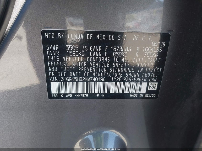 2019 Honda Fit Ex VIN: 3HGGK5H82KM740196 Lot: 45632858