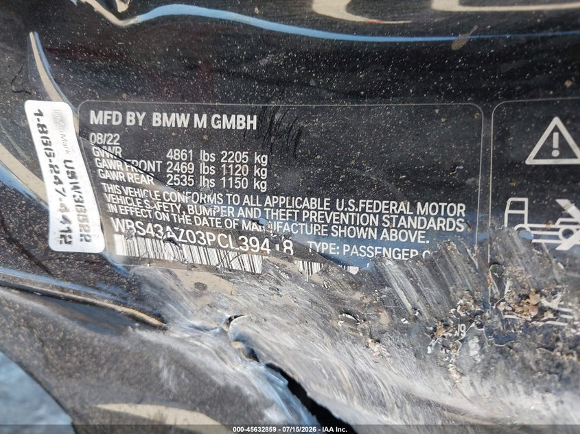 2023 BMW M4 Competition xDrive VIN: WBS43AZ03PCL39418 Lot: 45632859
