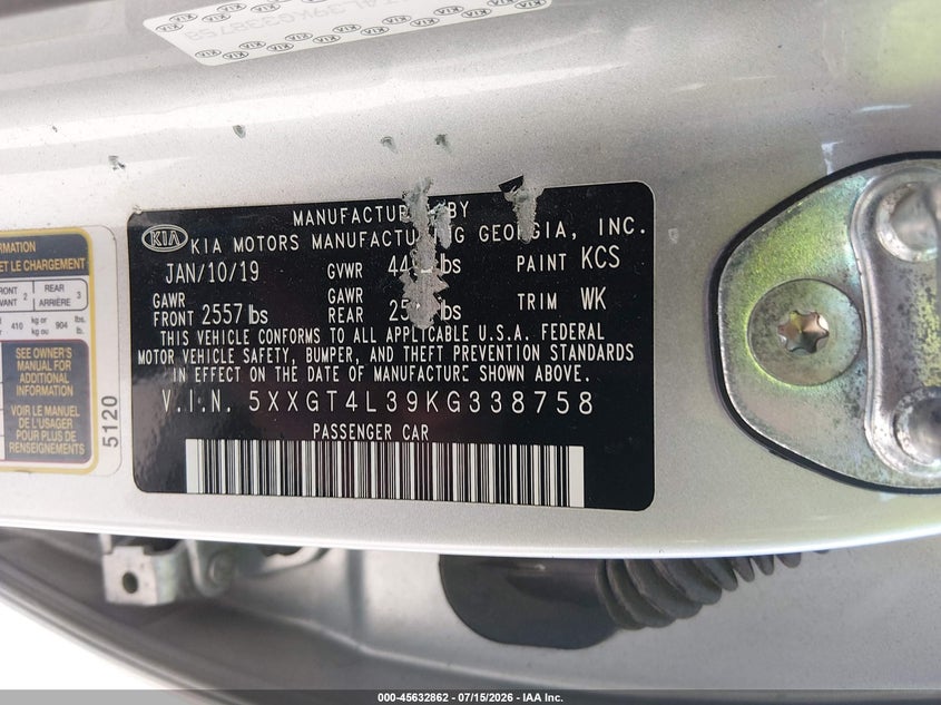 2019 Kia Optima Lx VIN: 5XXGT4L39KG338758 Lot: 45632862