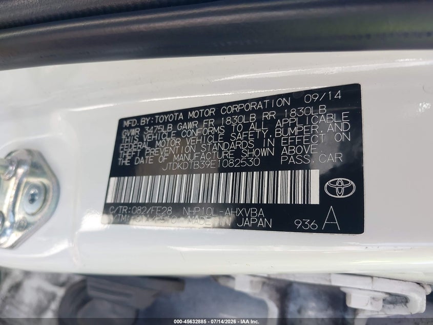 2014 Toyota Prius C One VIN: JTDKDTB39E1082530 Lot: 45632885