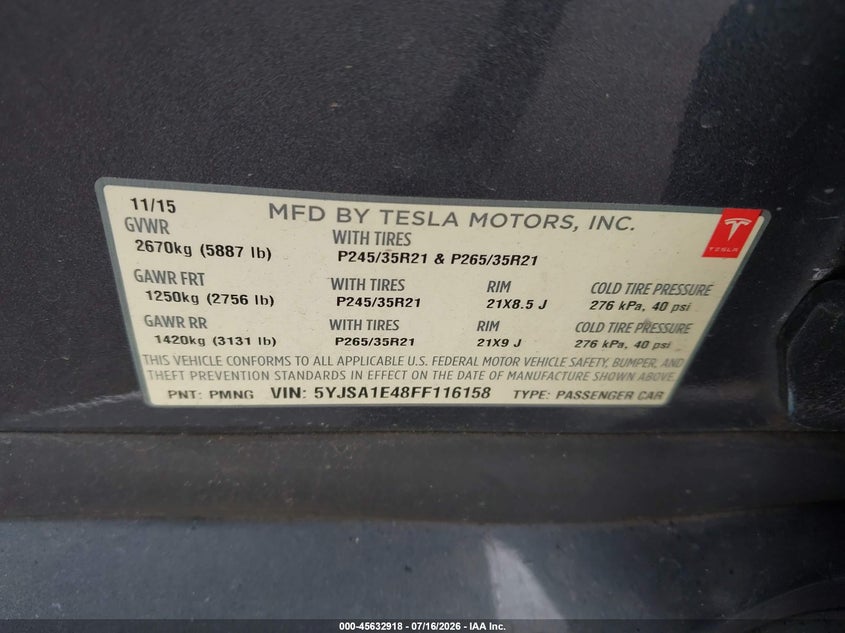 2015 Tesla Model S 85D/P85D VIN: 5YJSA1E48FF116158 Lot: 45632918
