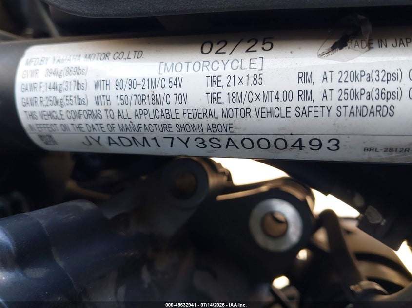 2025 Yamaha Xtz690 VIN: JYADM17Y3SA000493 Lot: 45632941