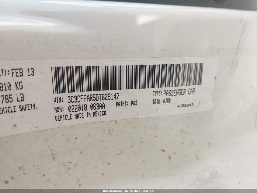 2013 Fiat 500 Pop VIN: 3C3CFFAR5DT629147 Lot: 45632949